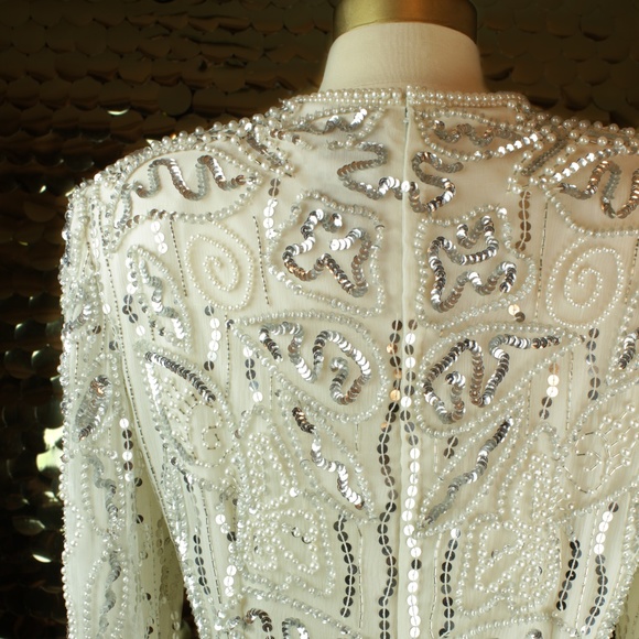 White + Silver Leslie Fay L/S Sequin Dress - Picture 7 of 7